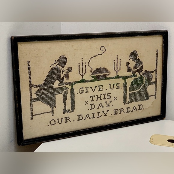 Antique Black Wooden Framed Give Us This Day Our Daily Bread Handmade Sampler - Picture 5 of 13
